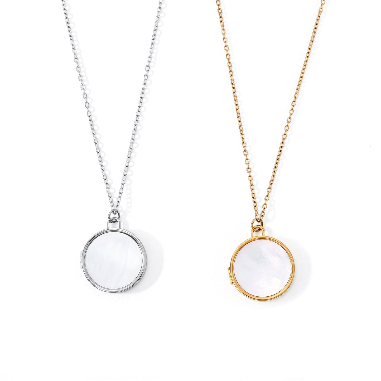 Mother of Pearl Locket Necklace, flat lay detail