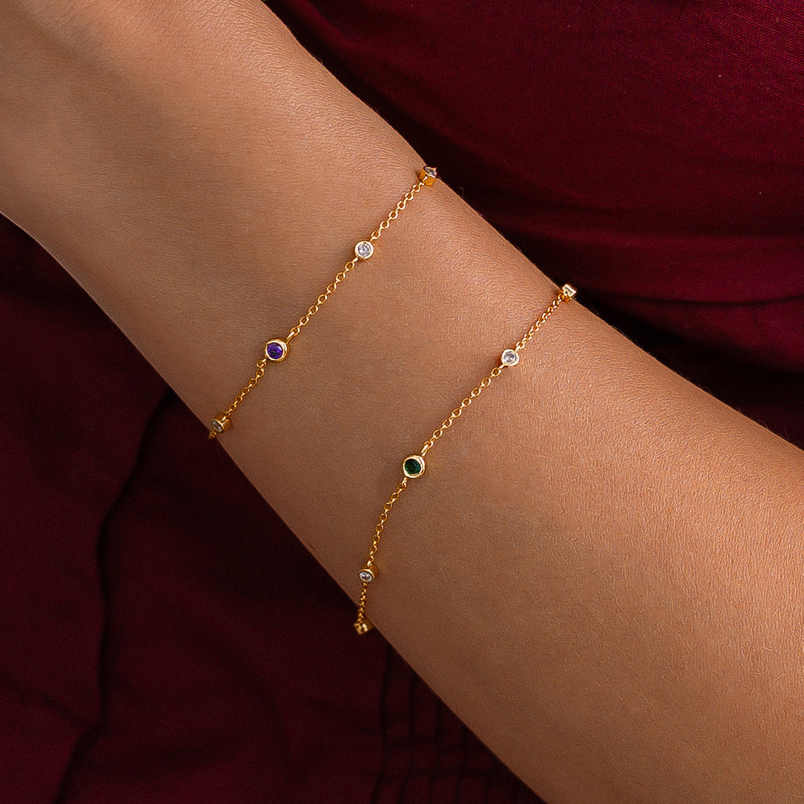 December Birthstone Station Bracelet, worn on a model