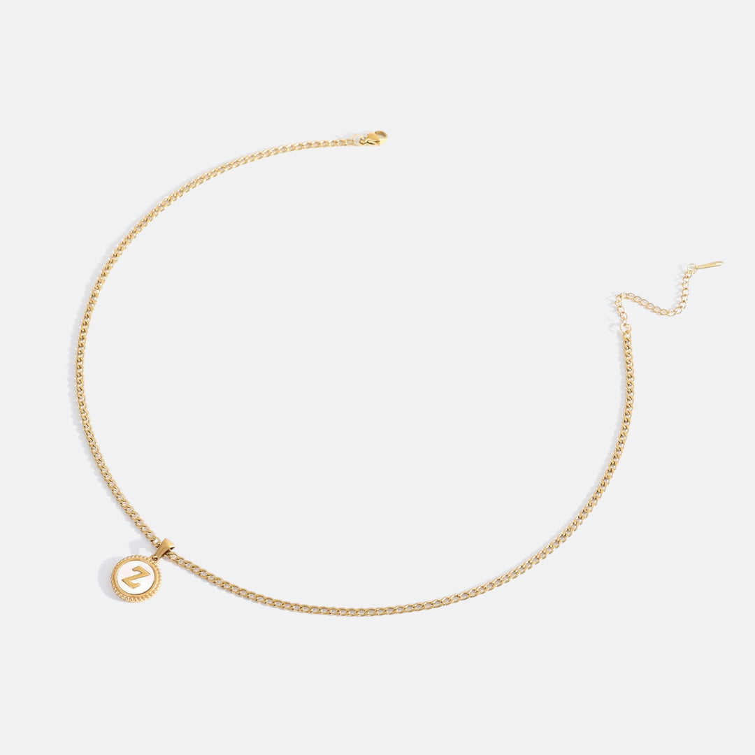 Mother of Pearl Disc Letter Necklace with Cuban Chain in gold tone