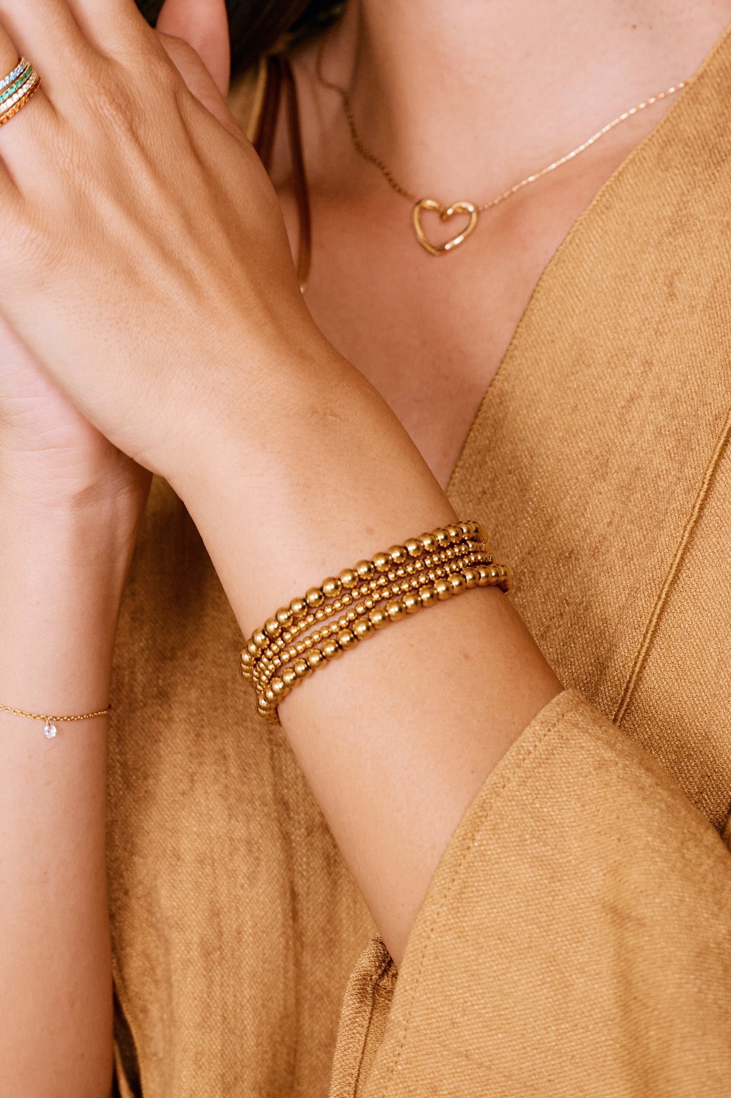 3mm & 5mm Beaded Bracelet Stacking Set in gold tone