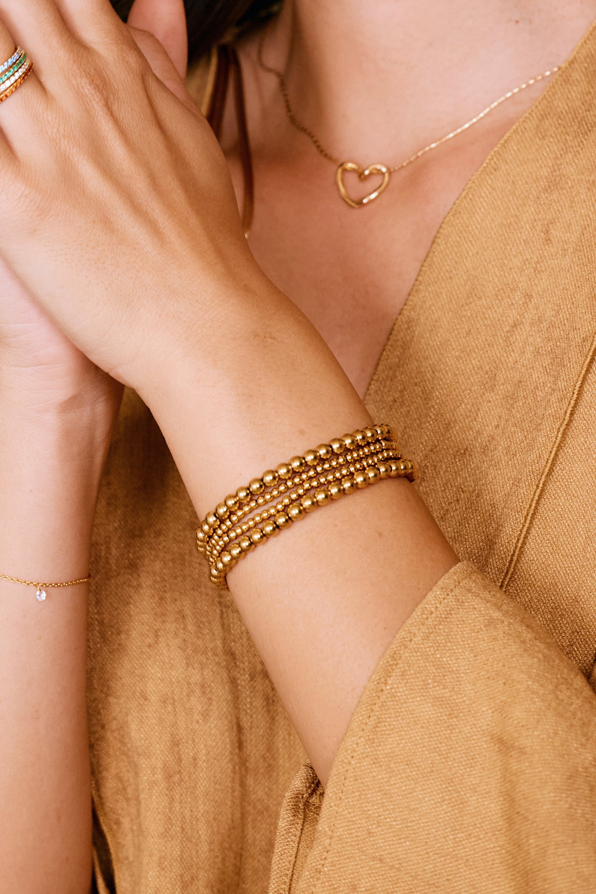 3mm & 5mm Beaded Bracelet Stacking Set in gold tone