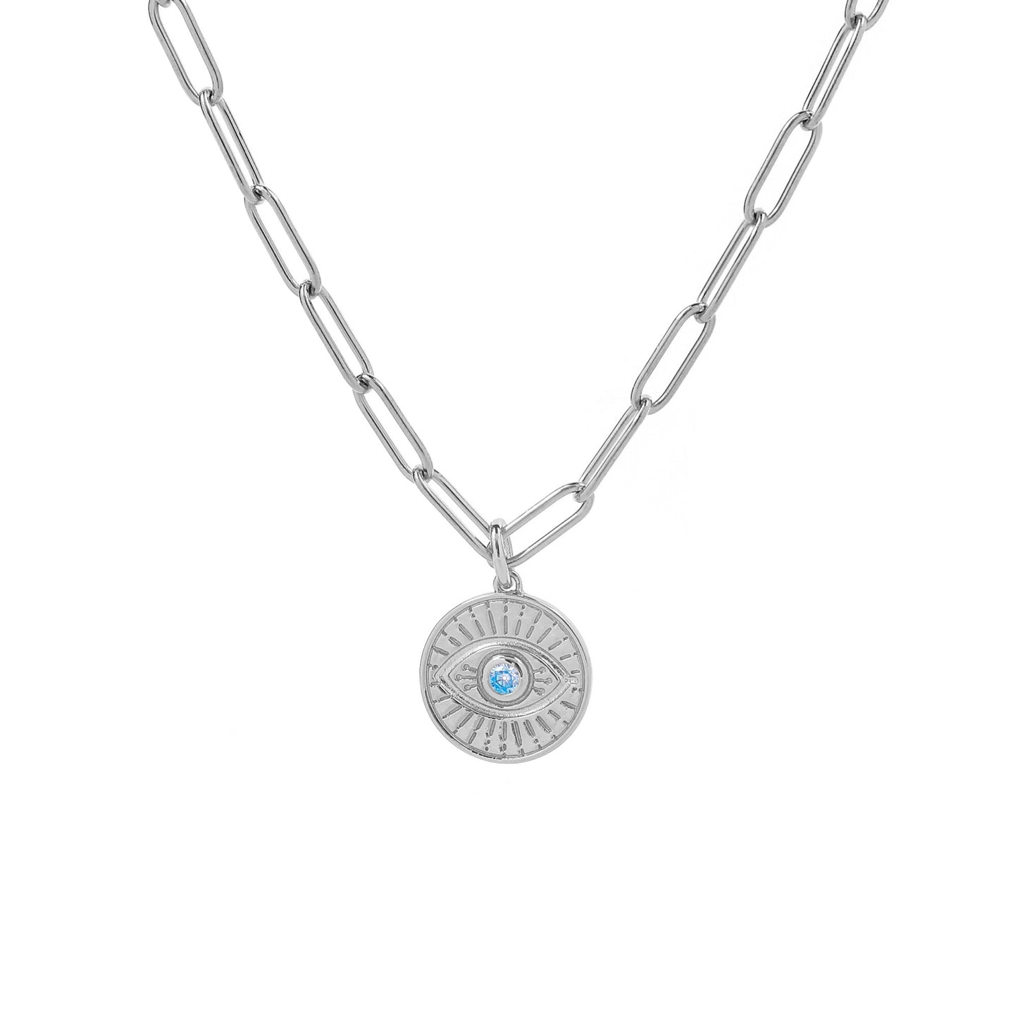Evil Eye Coin Pendant Necklace with Paperclip Chain in 925 sterling silver