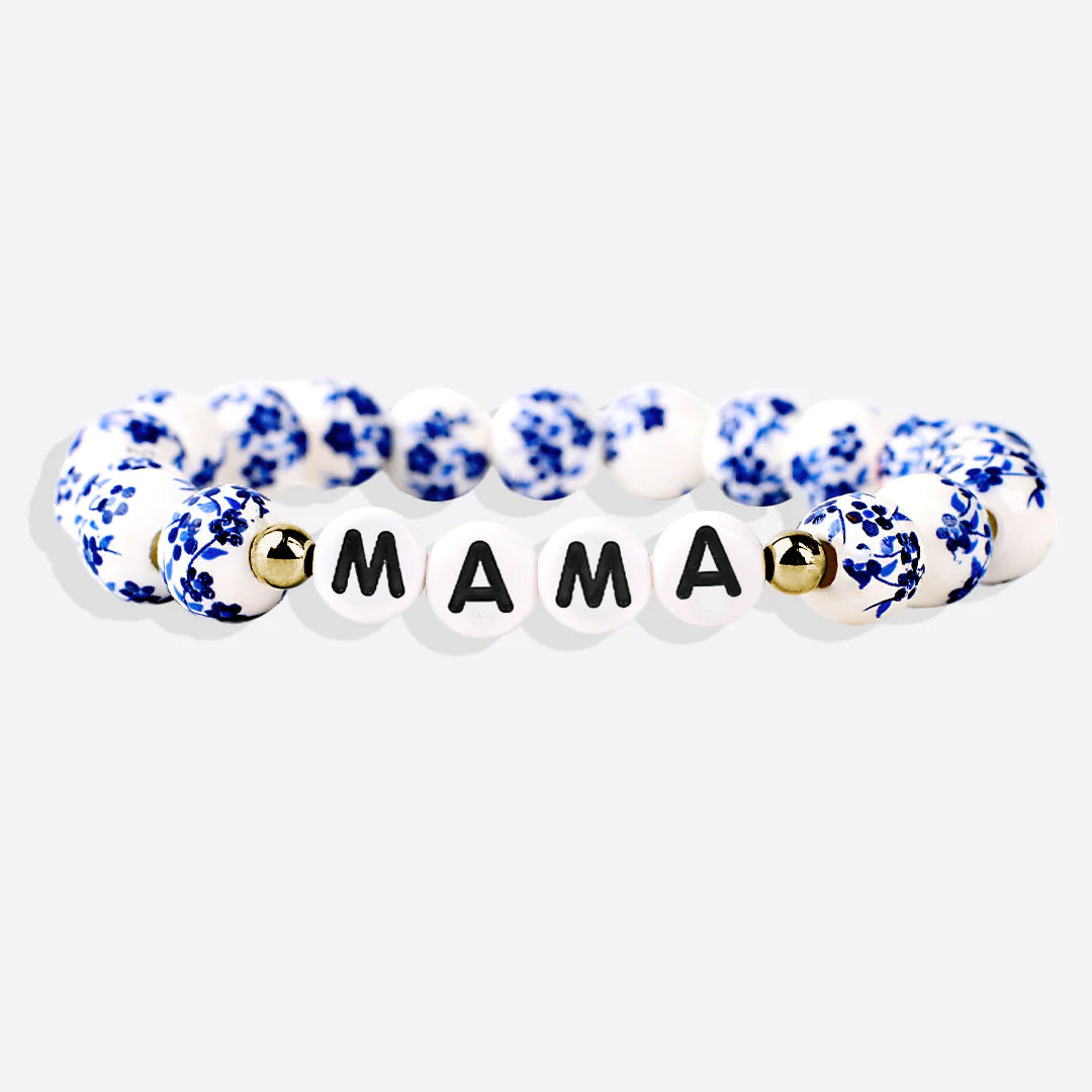 Blaues Armband mit Perlen und Blumen aus Porzellan für Mama und Oma