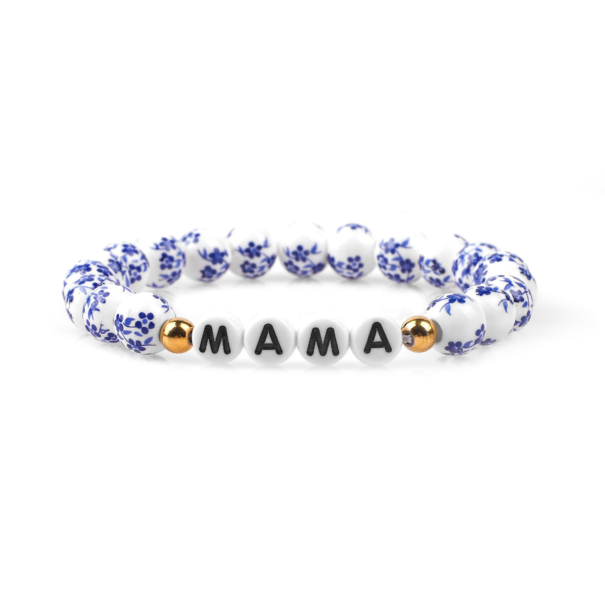 Bracciale con nome personalizzato in porcellana blu e perline floreali