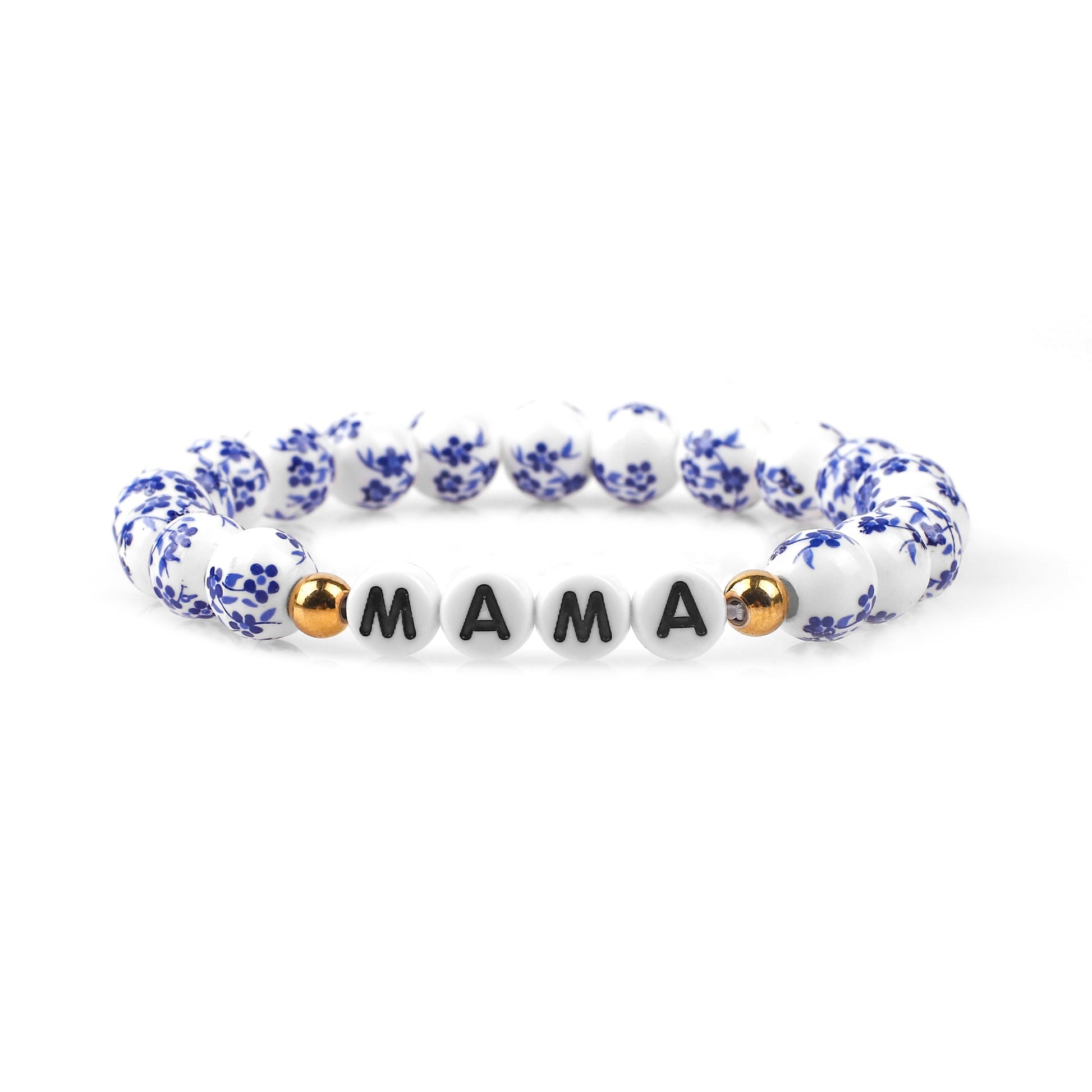 Bracciale con nome personalizzato in porcellana blu e perline floreali