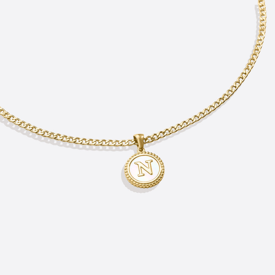 Mother of Pearl Disc Letter Necklace with Cuban Chain in gold tone