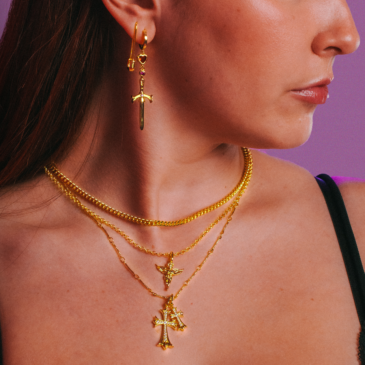 Double Cross Pendant Necklace, worn on a model