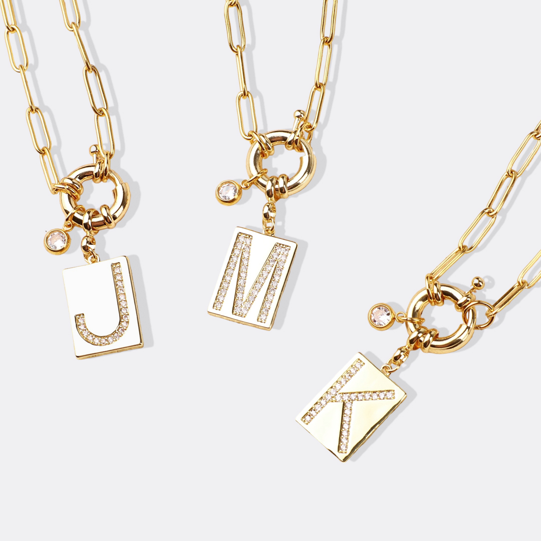 Collana Pendente Iniziale Pavé con Catena Paperclip
