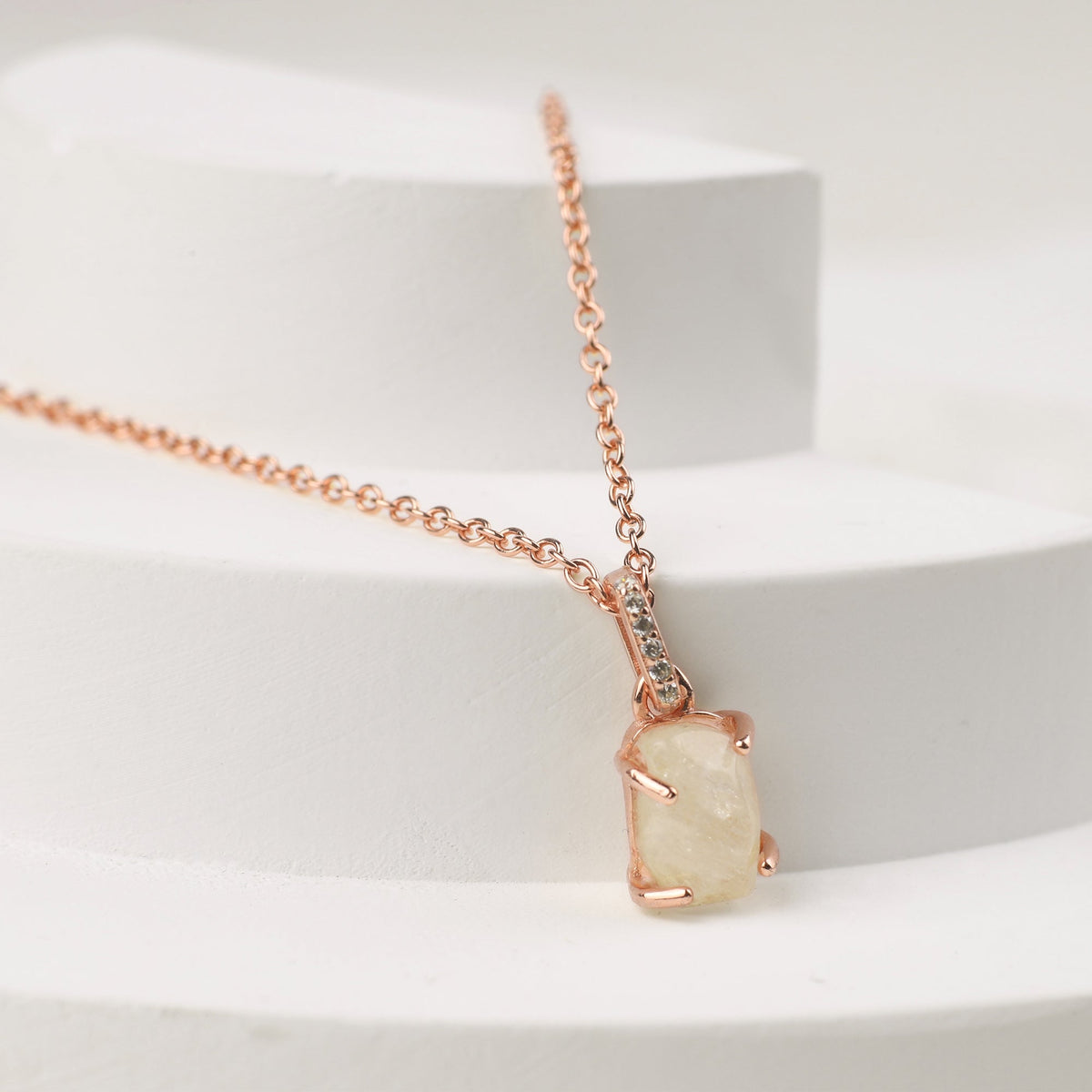 Raw Moonstone Pave Link Pendant Necklace in rose gold tone