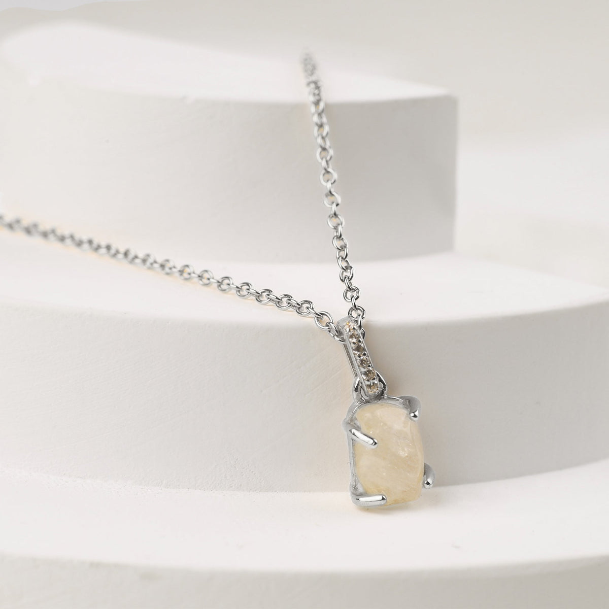 Raw Moonstone Pave Link Pendant Necklace in 925 sterling silver