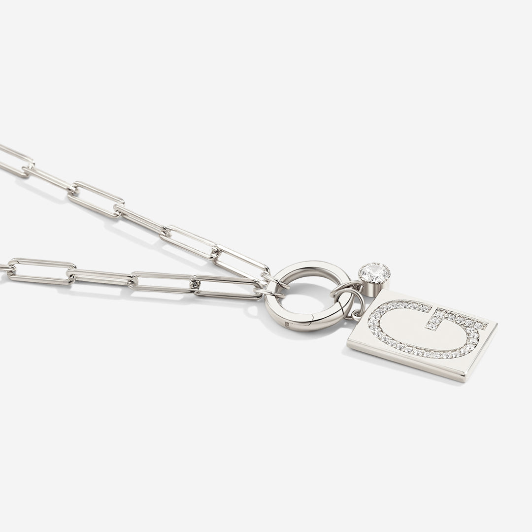Sterling Silver Pave Initial Pendant Necklace with Paperclip Chain in 925 sterling silver
