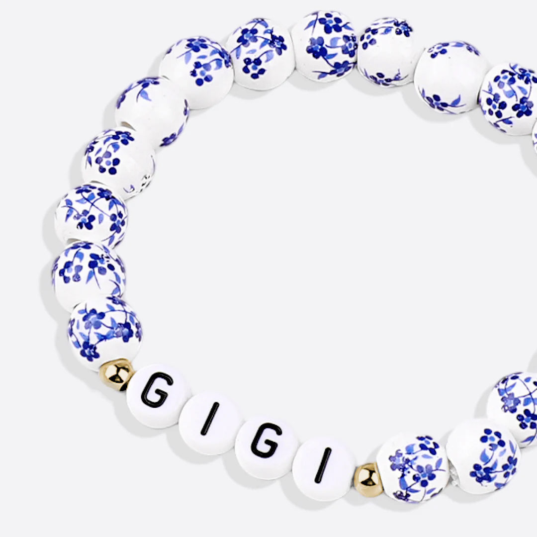 Blaues Armband mit Perlen und Blumen aus Porzellan für Mama und Oma