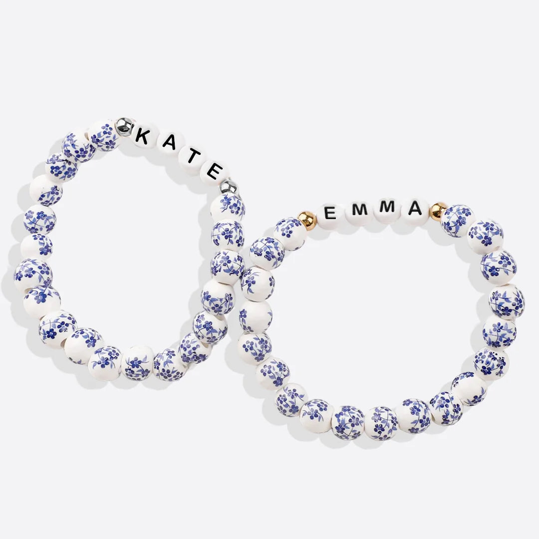 Blaues Armband mit Perlen und Blumen aus Porzellan für Mama und Oma
