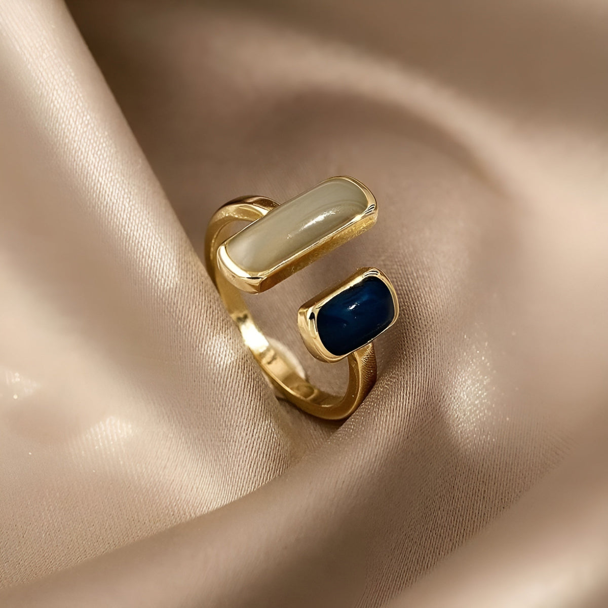 Double Stone Adjustable Gold Ring in gold tone