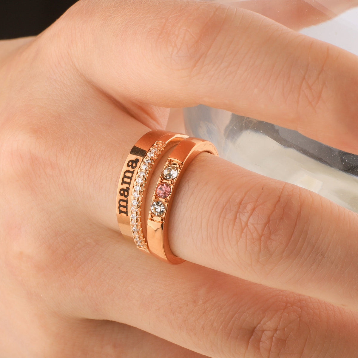 Personalized Name Birthstones Stacking Rings in rose gold tone