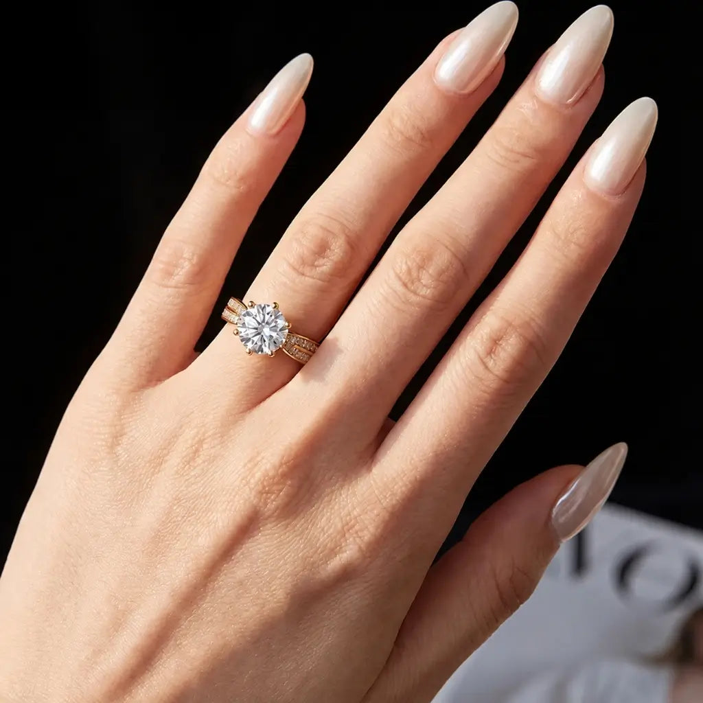 18k Gold Pave Solitaire Engagement Ring in gold tone