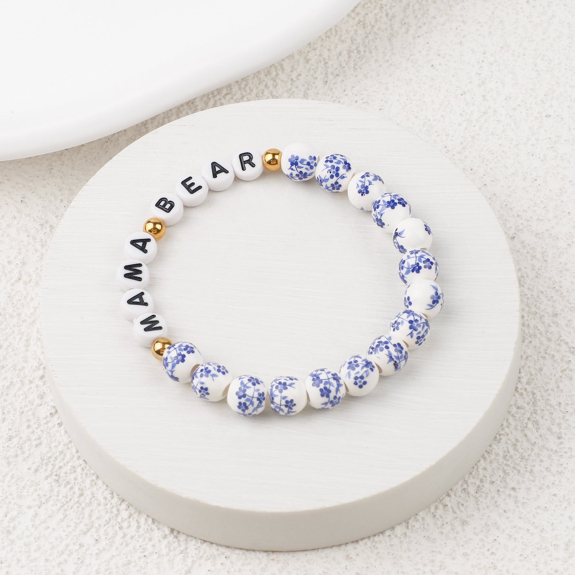 Blaues Armband mit Perlen und Blumen aus Porzellan für Mama und Oma