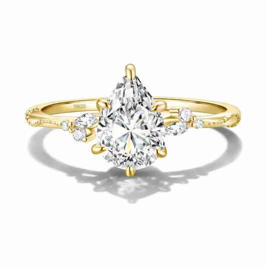 Gold Drop Engagement Ring with Cubic Zirconia in gold tone
