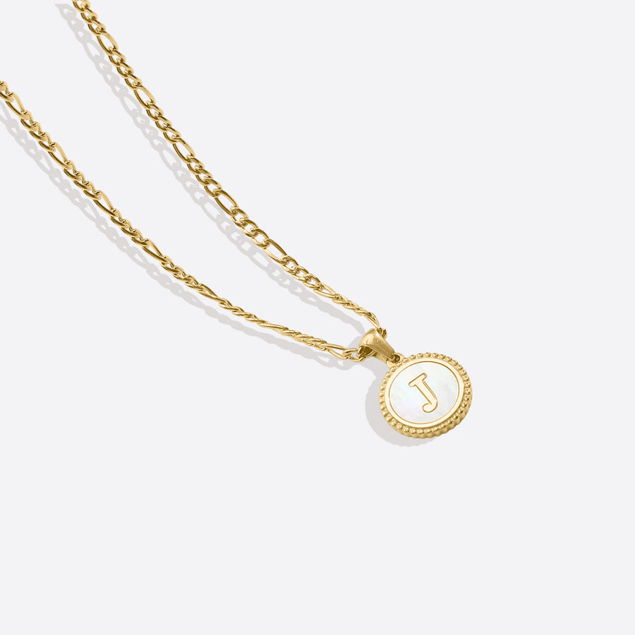 Mother of Pearl Disc Letter Necklace with Figaro Chain in gold tone