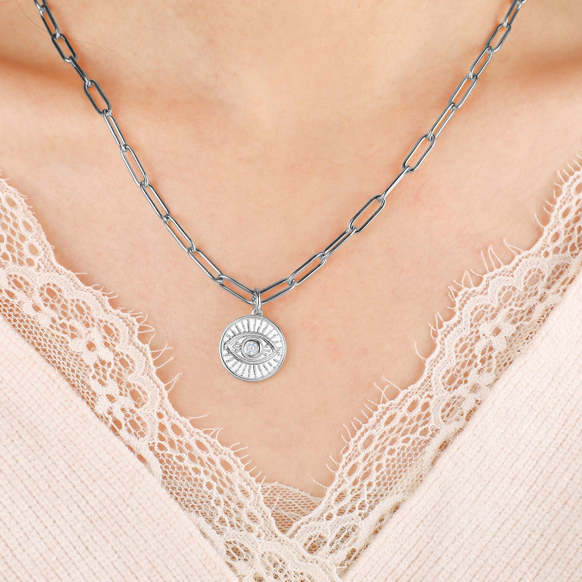 Evil Eye Coin Pendant Necklace with Paperclip Chain in 925 sterling silver