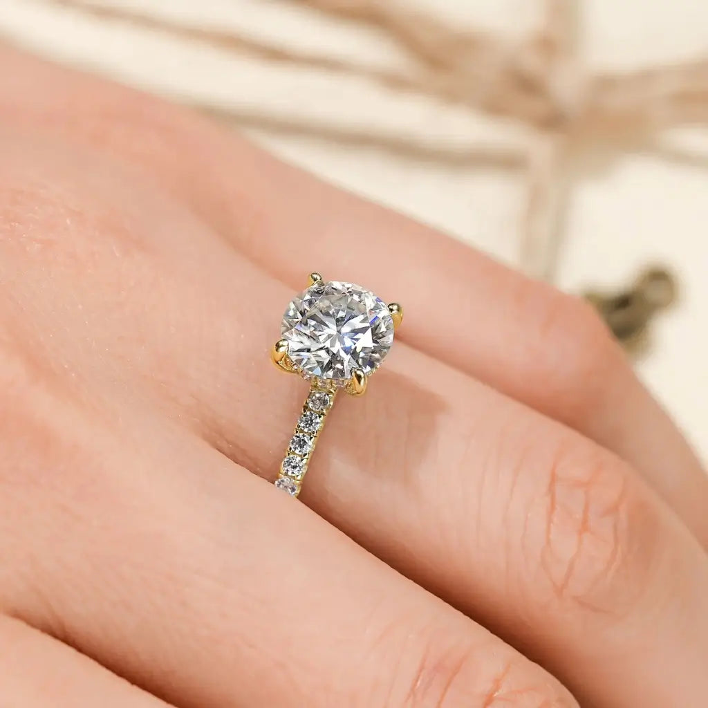 18K Gold Moissanite Engagement Ring with Side Stones in gold tone