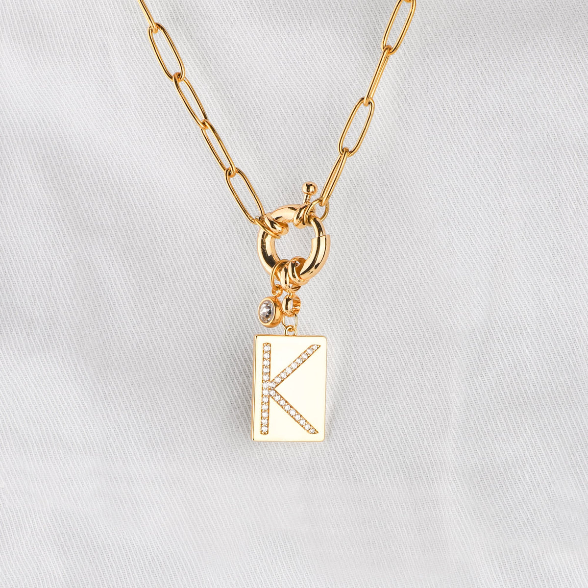 Collana Pendente Iniziale Pavé con Catena Paperclip