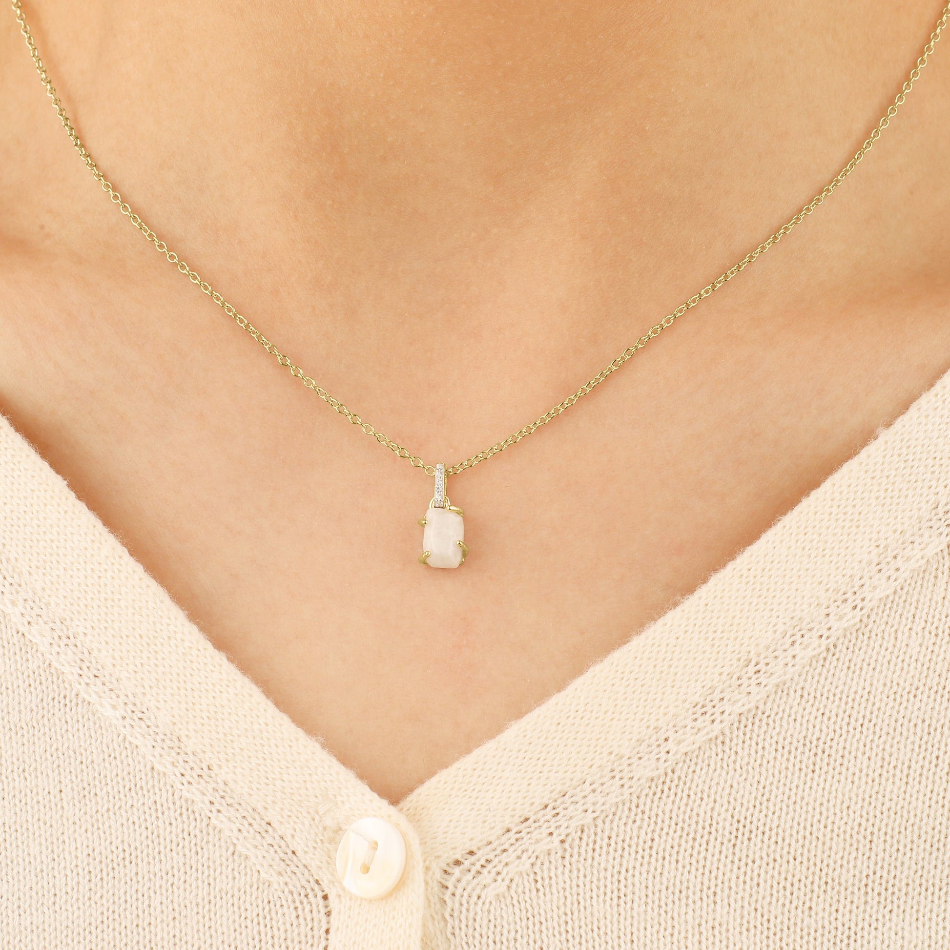 Raw Moonstone Pave Link Pendant Necklace in gold tone