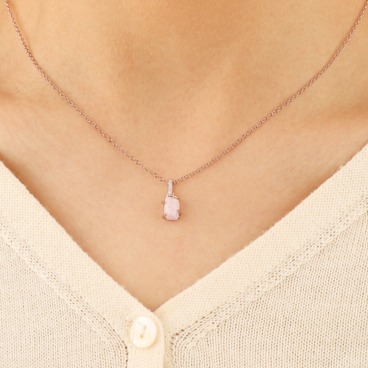 Raw Moonstone Pave Link Pendant Necklace in rose gold tone