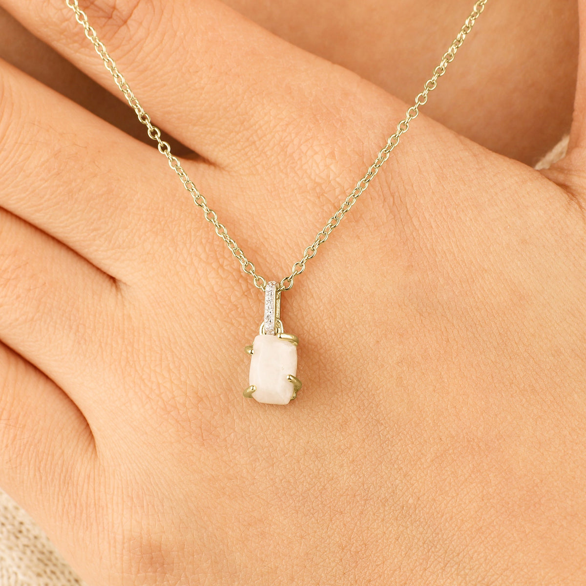 Raw Moonstone Pave Link Pendant Necklace in gold tone