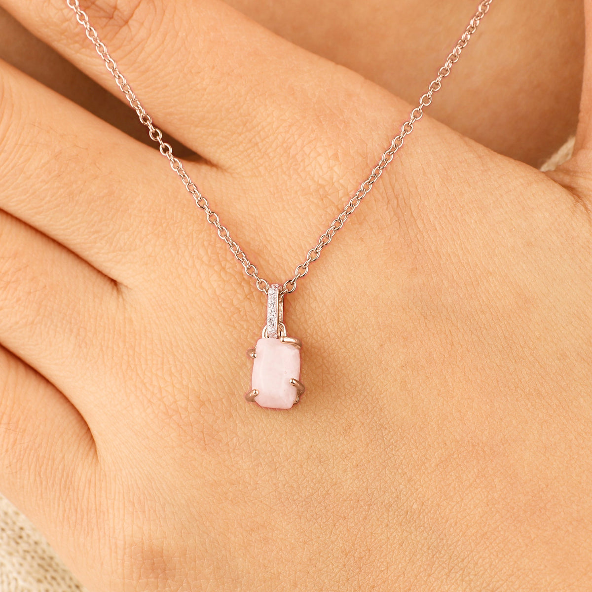 Raw Moonstone Pave Link Pendant Necklace in rose gold tone