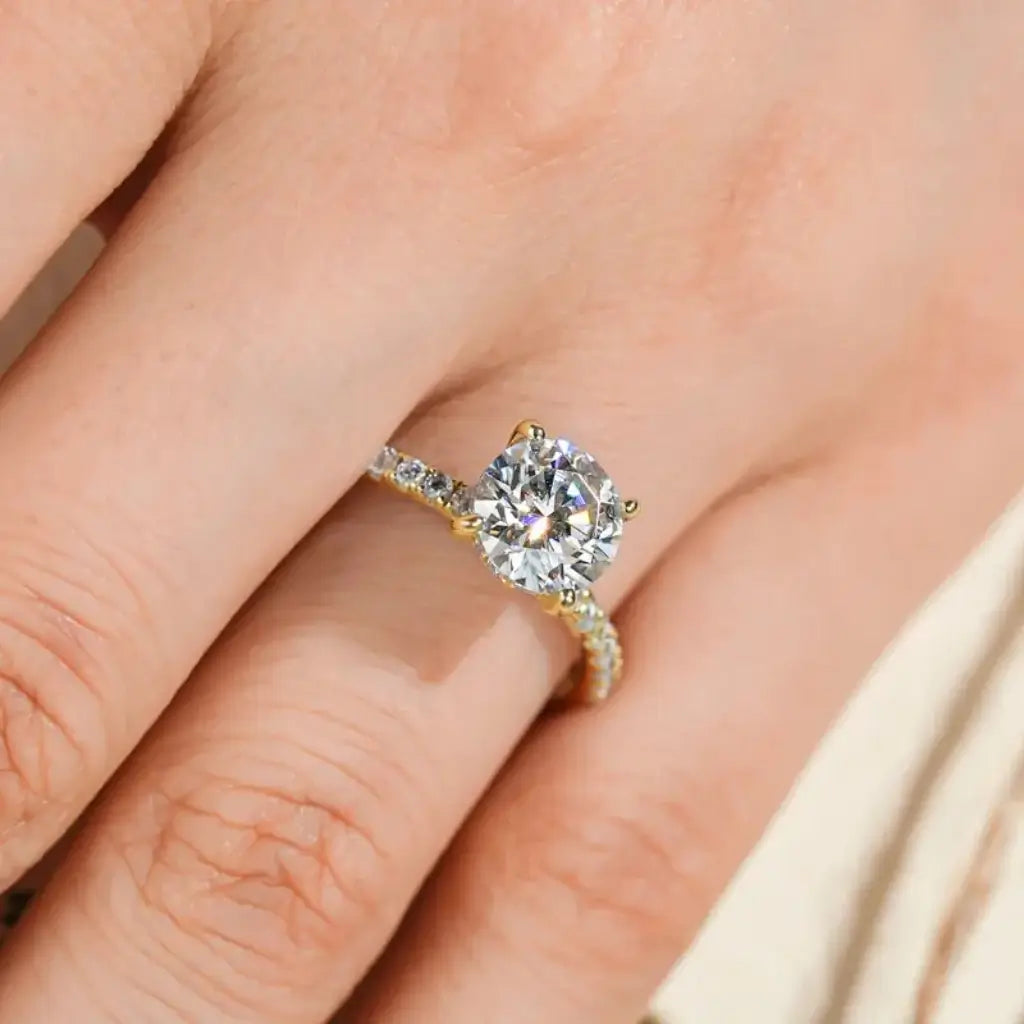 18K Gold Moissanite Engagement Ring with Side Stones in gold tone