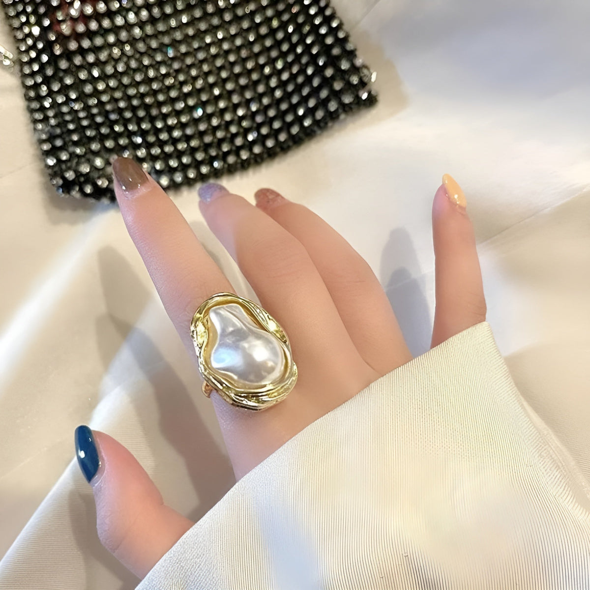 Pearl Finish Gold Ring in gold tone