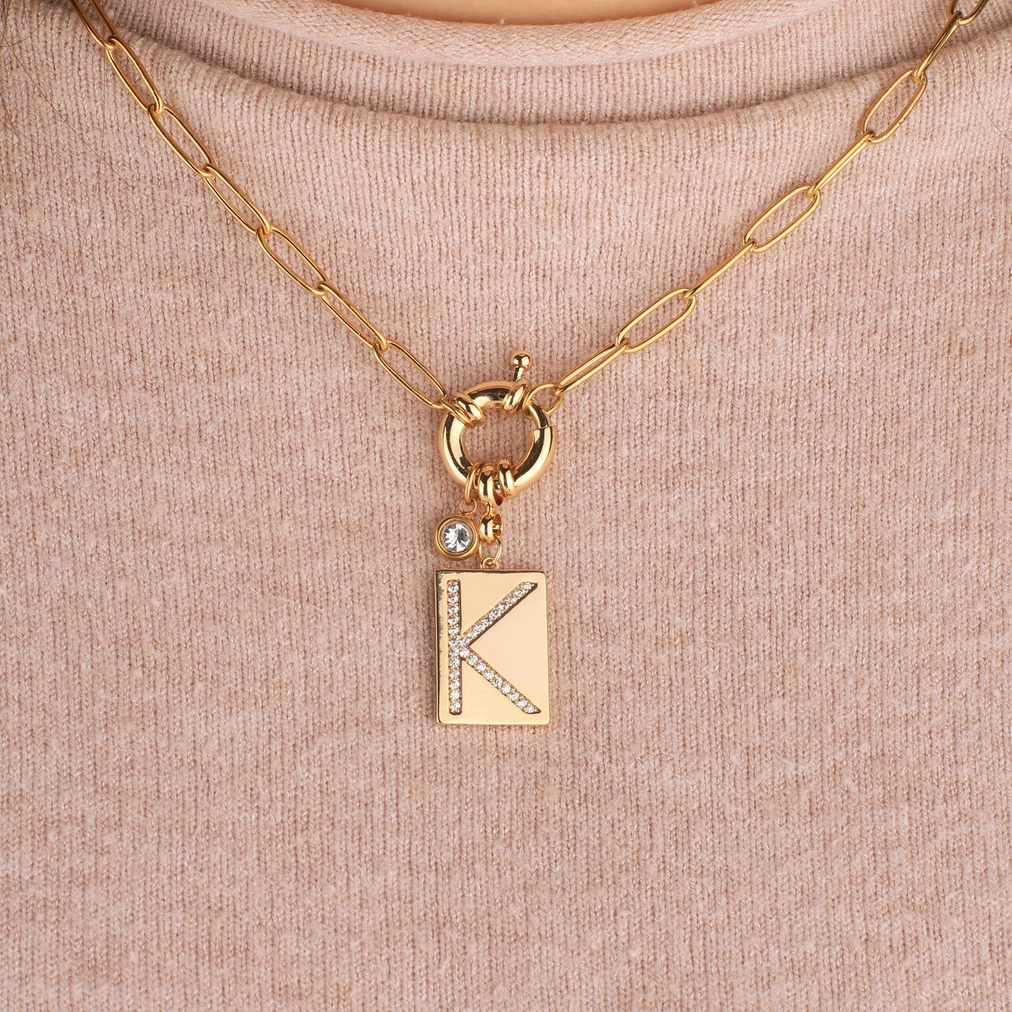 Collana Pendente Iniziale Pavé con Catena Paperclip