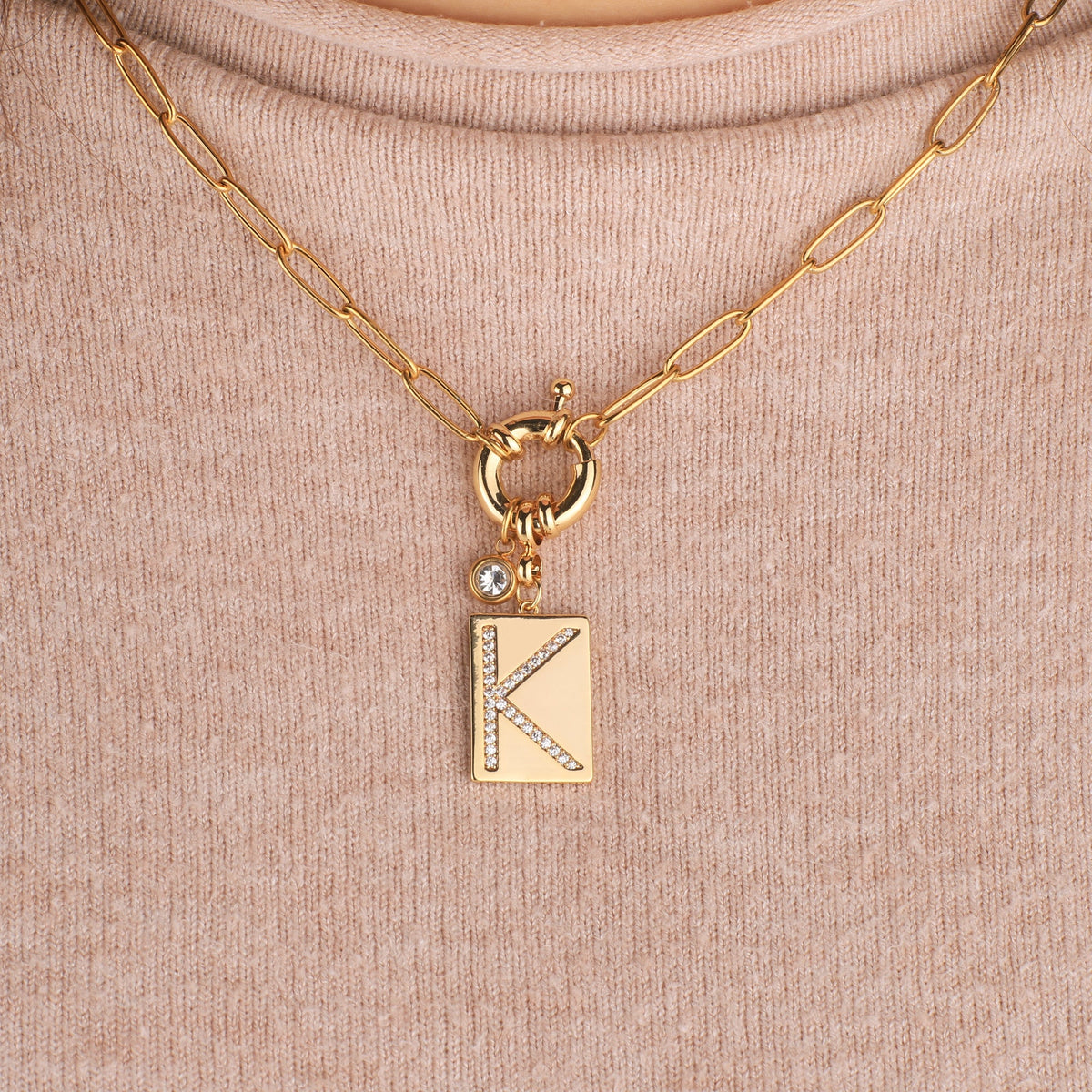 Collana Pendente Iniziale Pavé con Catena Paperclip