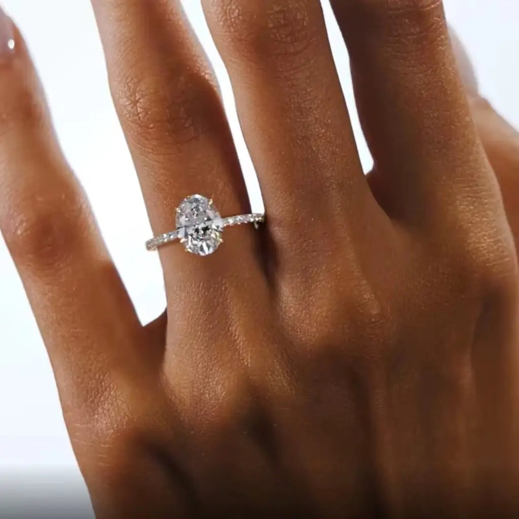 Oval 18k Gold Pave Moissanite Engagement Ring in gold tone