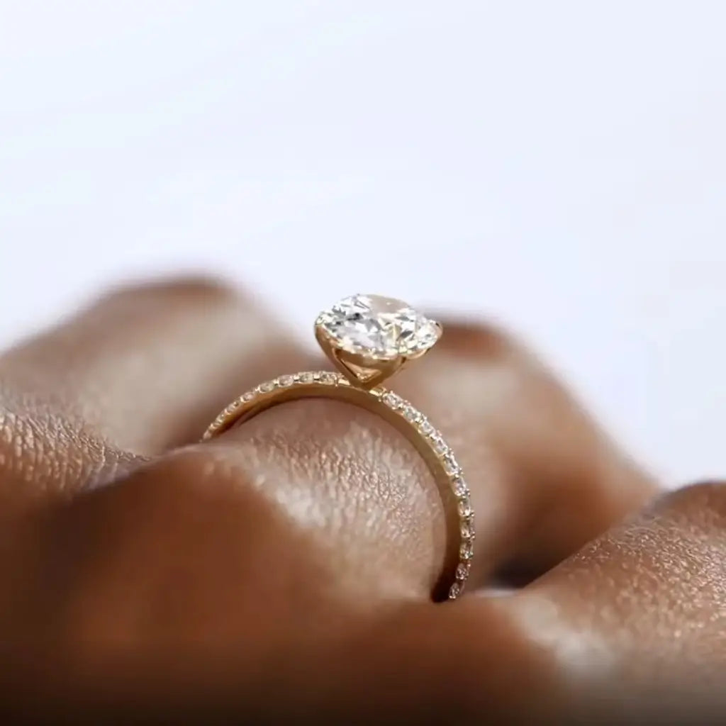 Oval 18k Gold Pave Moissanite Engagement Ring in gold tone