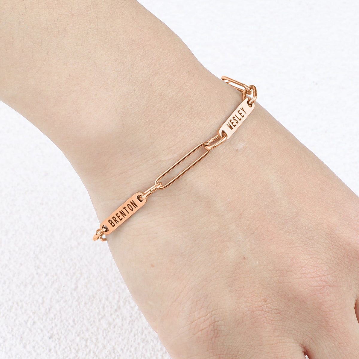 Personalized Paperclip Name Bracelet in rose gold tone