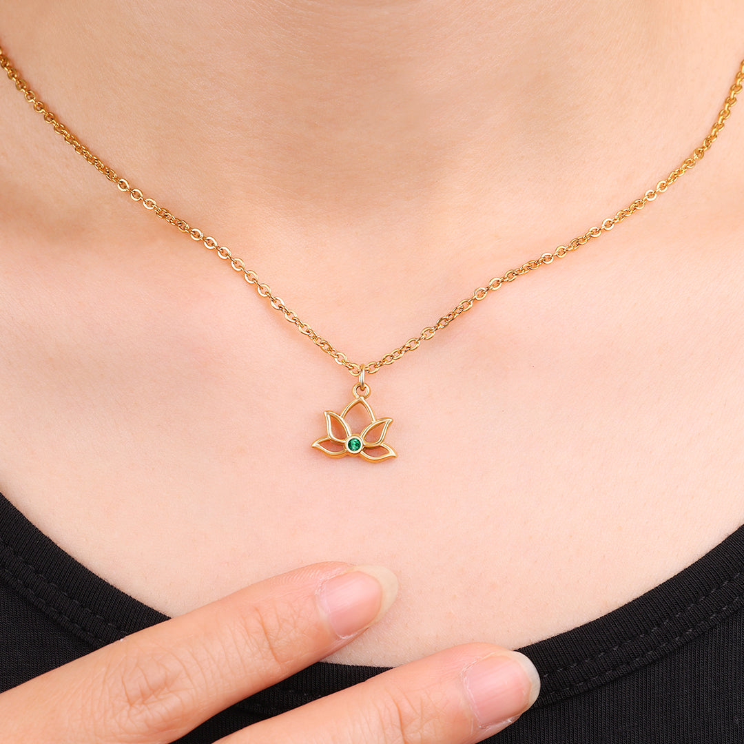Mini Lotus Birthstone Pendant Necklace in gold tone