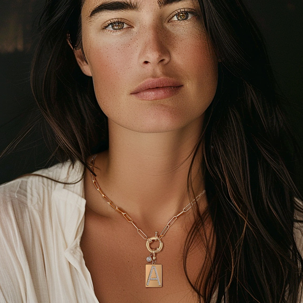 Collana Pendente Iniziale Pavé con Catena Paperclip