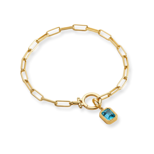 Baguette Birthstone Charm on Mint Paperclip Bracelet — Vanny Jewels