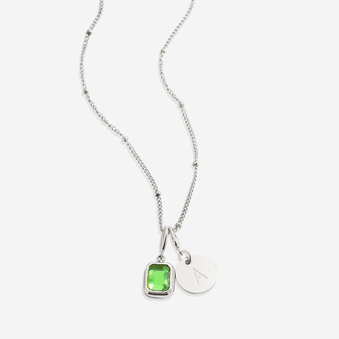 Baguette Birthstone & Initial Necklace in 925 sterling silver with August birthstone