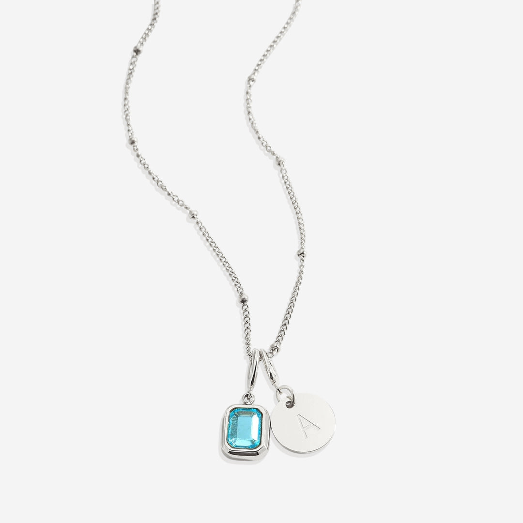 Baguette Birthstone & Initial Necklace in 925 sterling silver with December birthstone