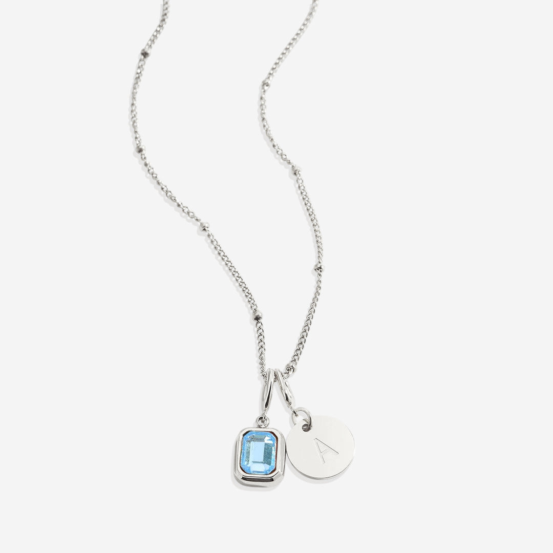Baguette Birthstone & Initial Necklace in 925 sterling silver with March birthstone