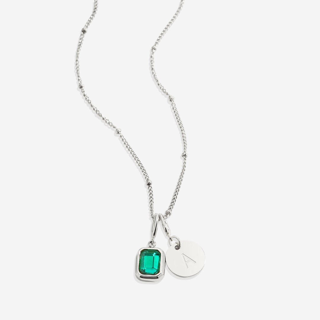 Baguette Birthstone & Initial Necklace in 925 sterling silver with May birthstone