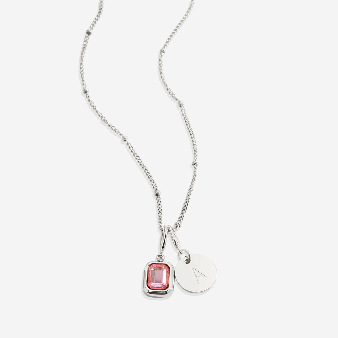 Baguette Birthstone & Initial Necklace in 925 sterling silver with October birthstone