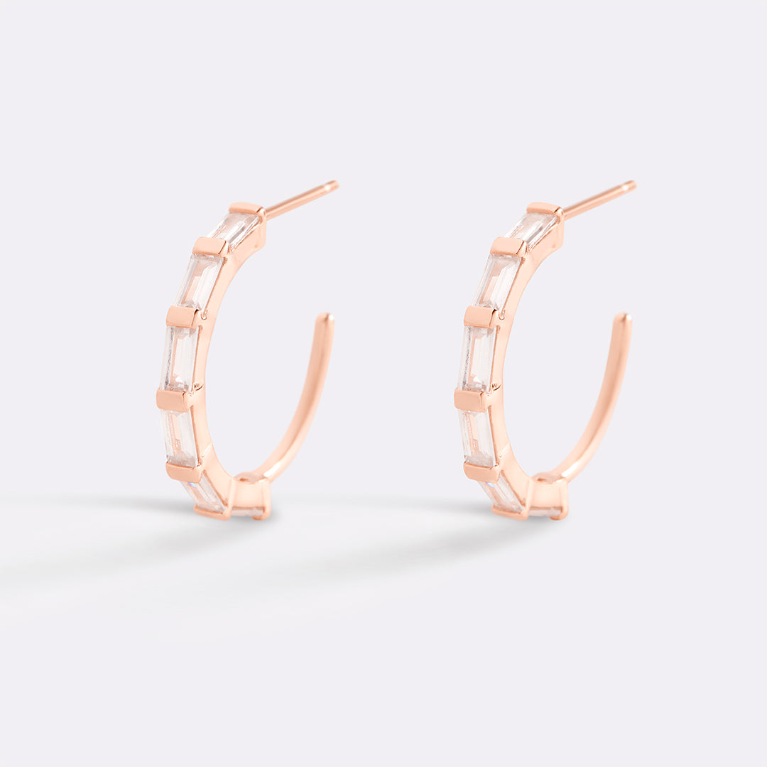 Baguette Diamond Hoop Earrings in rose gold tone, flat lay detail