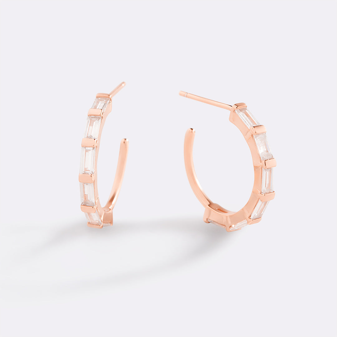 Baguette Diamond Hoop Earrings in rose gold tone