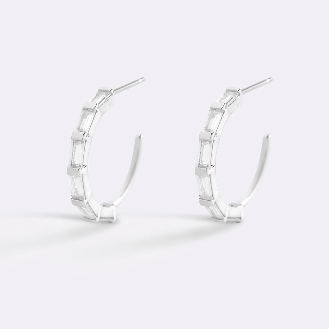 Baguette Diamond Hoop Earrings in 925 sterling silver, flat lay detail
