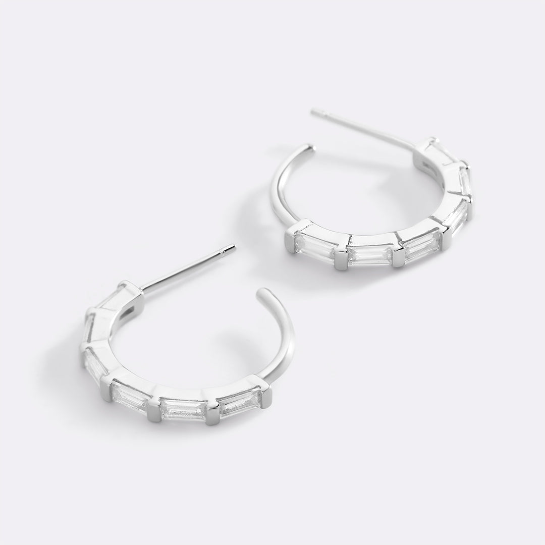 Baguette Diamond Hoop Earrings in 925 sterling silver, flat lay detail