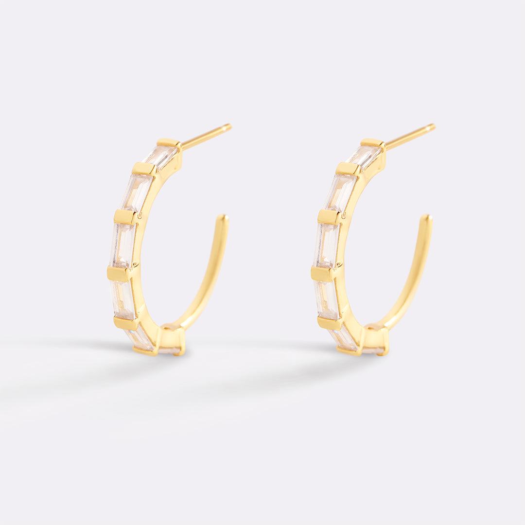 Baguette Diamond Hoop Earrings in gold tone, flat lay detail